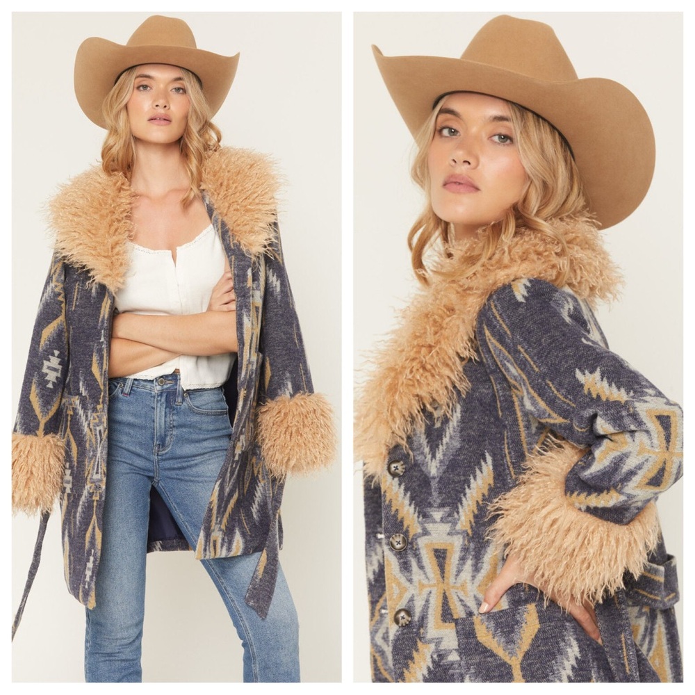Idyllwind Navy & Tan Aztec Faux-Fur Trim Coat